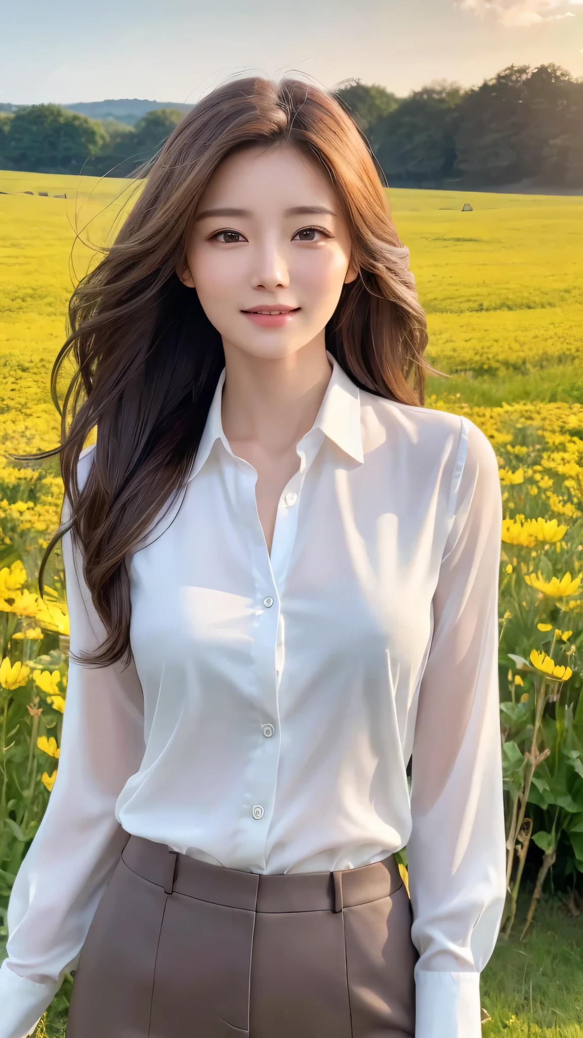 highest quality、genuine、Super detailed、finely、High resolution、8k wallpaper、one beautiful woman、、、light brown disheveled hair、wearing a business suit、sharp focus、perfect dynamic composition、beautiful and detailed eyes、thin hair、Detailed genuine skin texture、smile、model body shape、In a windswept meadow
