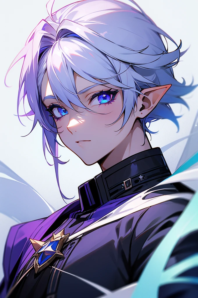 Create a vtuber boy who is a star elf and has white hair purple and blue eyes blue and purple skin black clothes 