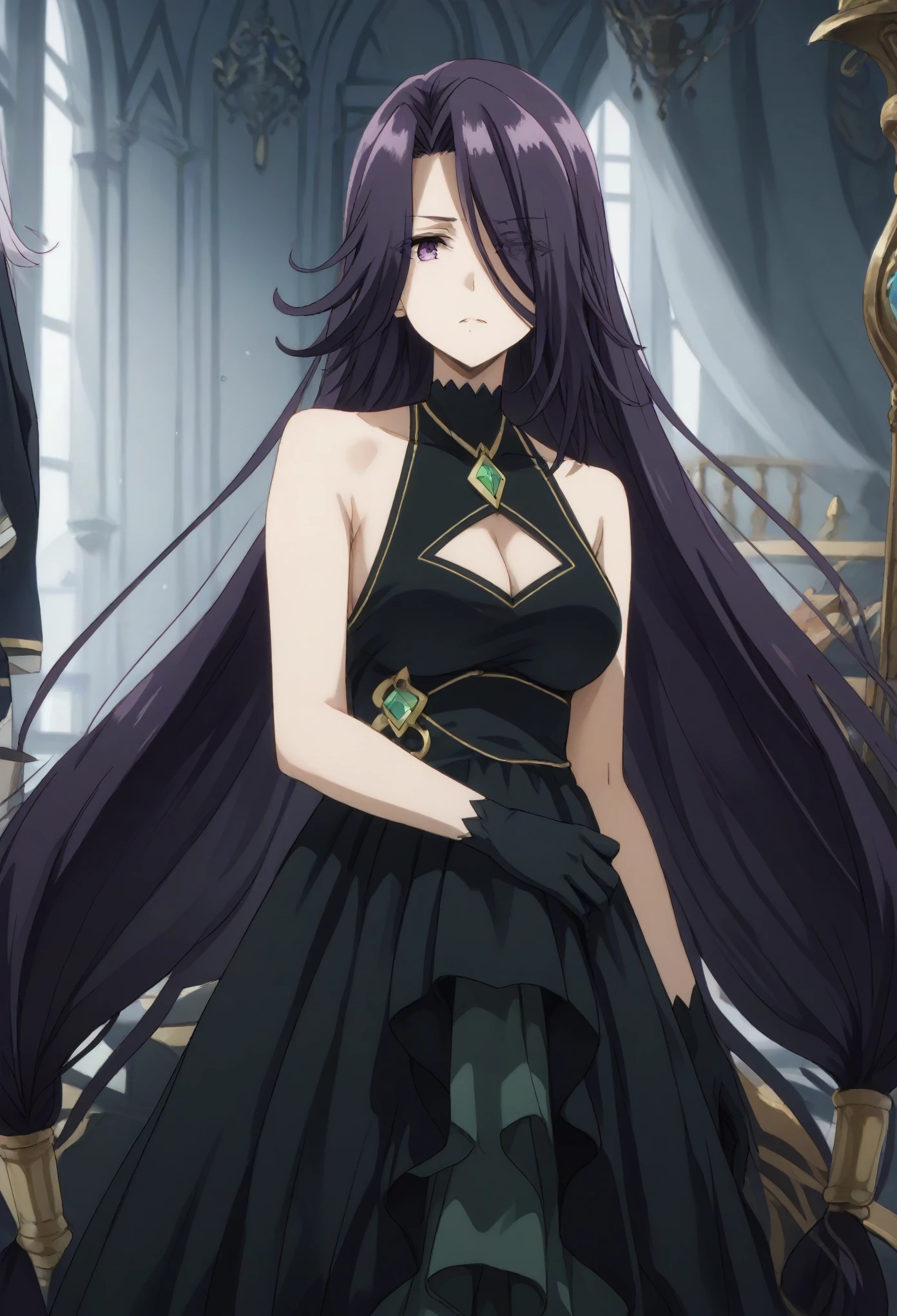 aurora, long hair, purple hair, very long hair, purple eyes, hair over one eye,gloves, dress, cleavage, bare shoulders, sleeveless, black gloves, black dress, clothing cutout, cleavage cutout,
