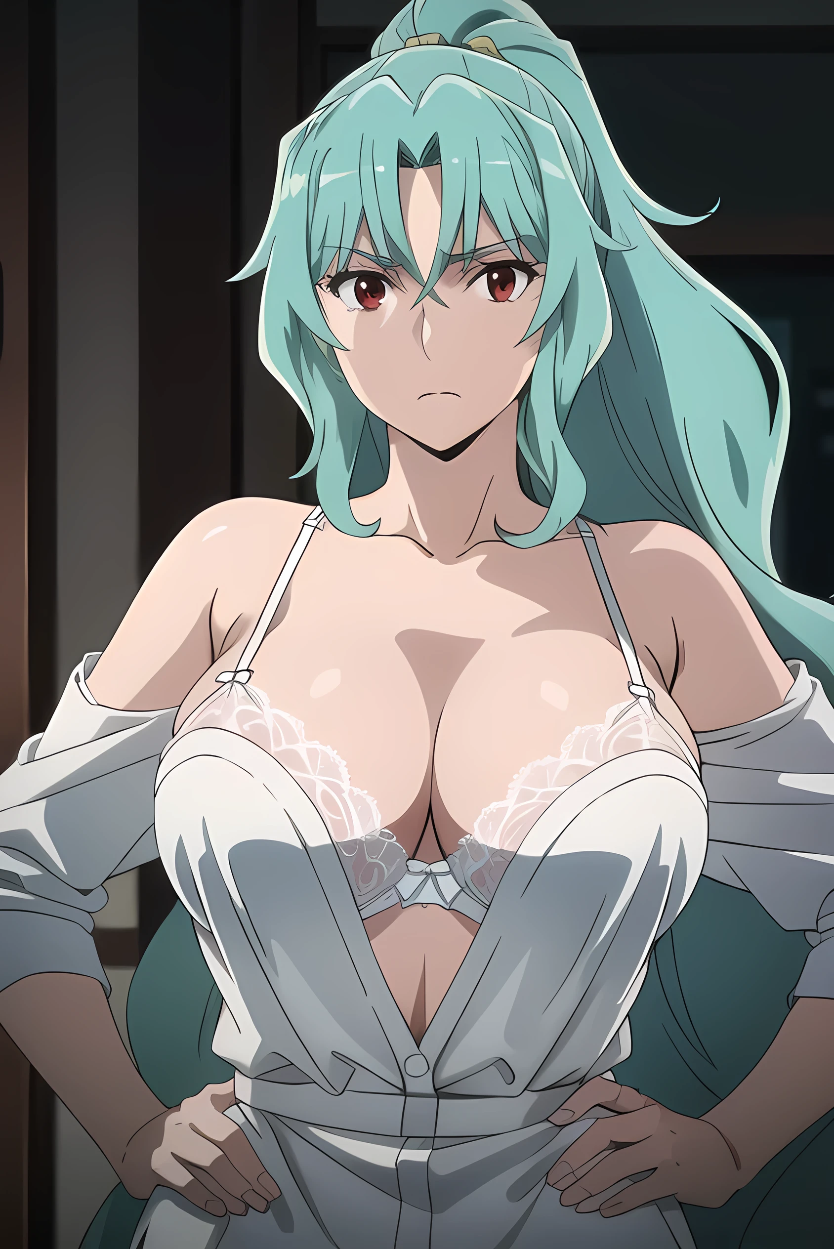 photorealistic, (4k), depth of field, (Masterpiece), (realistic skin texture), extremely detailed, intricate, hyper detailed, high resolution, professional photography, bokeh, sharp detail, best quality, woman, long hair, aqua hair, ponytail, red eyes, large breasts, huge breasts, standing with hands on hips japanese style, white lace bra, white lace panties, white lace lingerie, no clothes, no cloth, big breasts, perky tits, upper body, black nightdress, black female nightdress, black unbuttoned nightdress, unbuttoned, panties and bra can see, visible bra, upper body, upper body