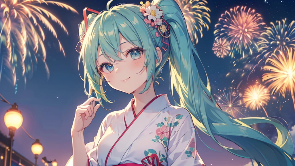 (((Highest quality、masterpiece、Ultra-fine、Ultra-fine、Bun Hair Up,Green Hair,Exquisite、16K、Looking up at the fireworks,The best smile,Full HD、Asahi、,Hatsune Miku,))), ((summer,White casual clothes,)))Blue Eyes、Long eyelashes、White skin、(Pale pink lips、Pale pink cheeks、thin and long)、 (((cute,The best smile)), ((One person)) 、(blue sky)) 、 (The sound of the festival, walking in a yukata at dusk, the moment when fireworks bloom in the night sky)、