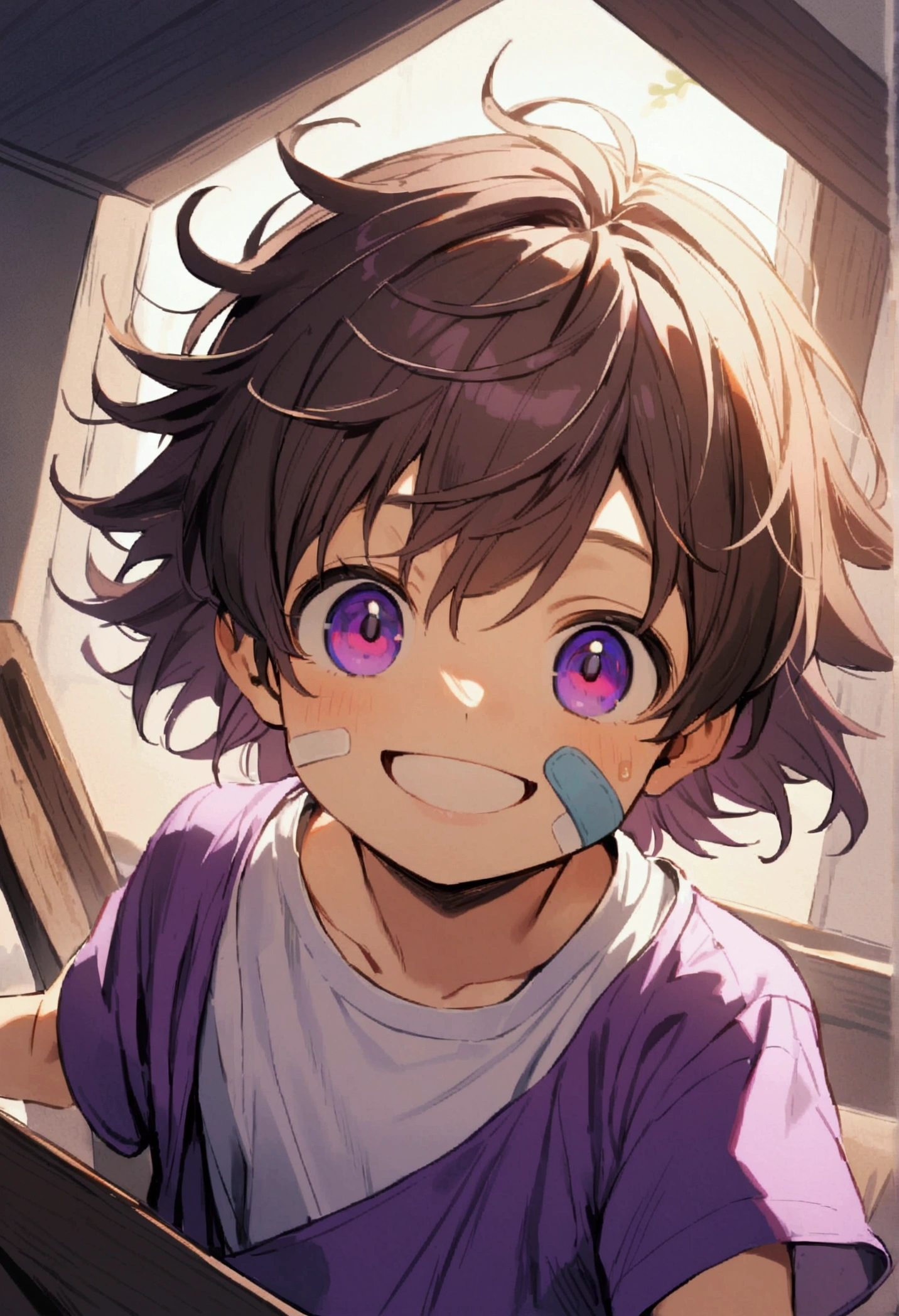 6 year old boy, chestnut hair, purples eyes, band-aid on the face, purple top, white t-shirt inside, smiling.