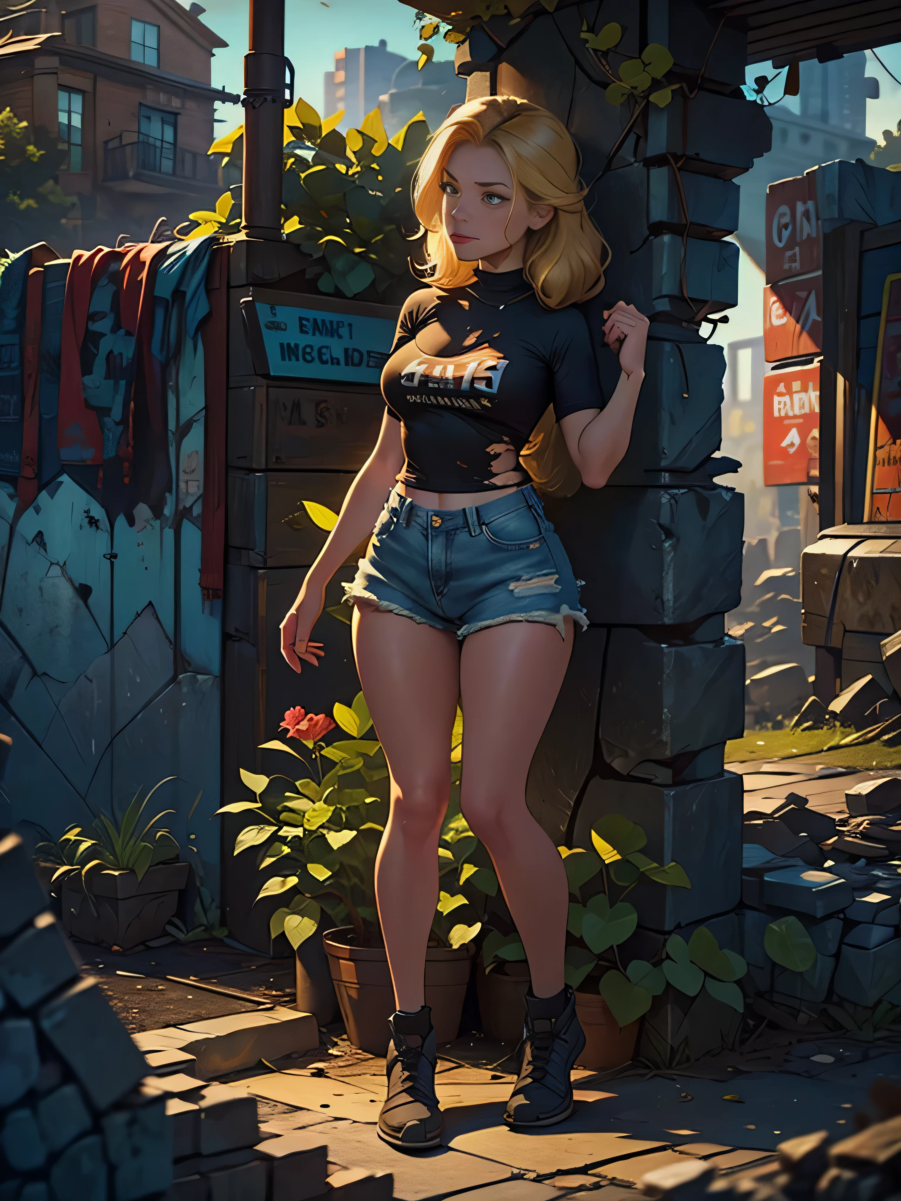 2076 year. The Urban Ruins of the Wasteland, Female huntress picking fruit in the garden, beautiful face, blonde, very torn shirt and denim shorts, shirt in tatters , long legs, sweating through, sun rising, Nice warm colors, head to toe full body shot