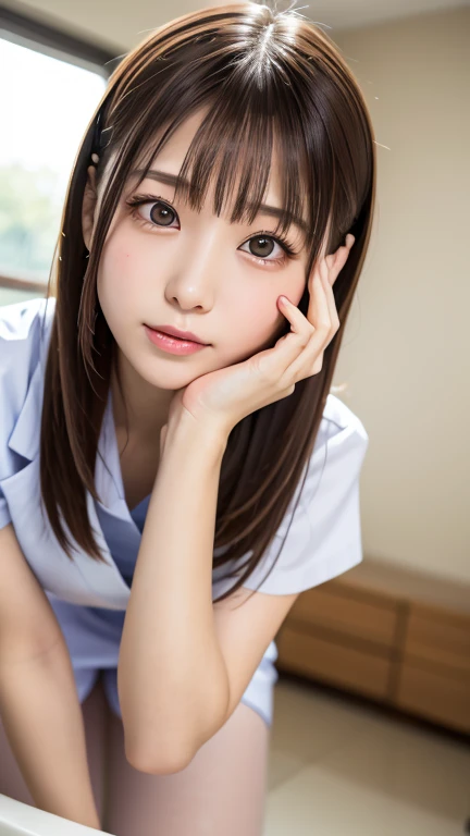 bright表情、Photorealism、Highest quality、Ultra-high resolution、picture、Photos of the most beautiful Scandinavian girls、A cute and beautiful face down to the last detail、Small Face、(Pure Eros Face_v1:0.008)、Beautiful Bangs、Alice in Wonderland、23 years old、Glowing White Skin、Hair tangled in the face、Bangs on the face、Bans、Hair between the eyes、Super long hair、Attractive brown silky hair、bright, Clear light blue eyes look attractive、Whole Body Ezbian、Pink nurse uniform、double eyelid、Small breasts、White pantyhose、Forward bending pose、cleavage 、Dentist's office、Dental hygienist