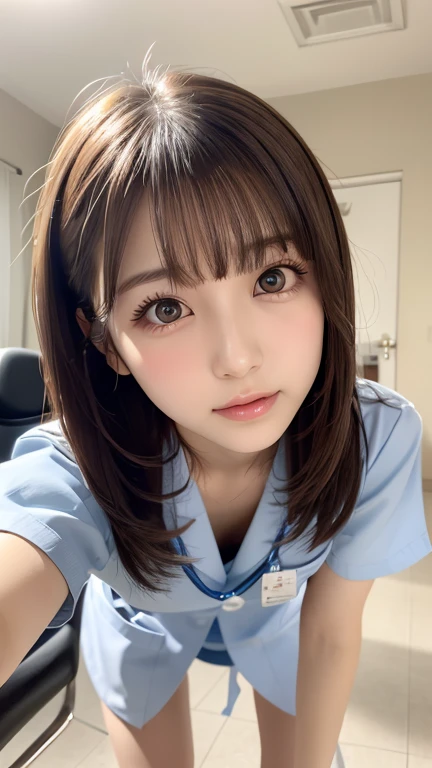 bright表情、Photorealism、Highest quality、Ultra-high resolution、picture、Photos of the most beautiful Scandinavian girls、A cute and beautiful face down to the last detail、Small Face、(Pure Eros Face_v1:0.008)、Beautiful Bangs、Alice in Wonderland、23 years old、Glowing White Skin、Hair tangled in the face、Bangs on the face、Bans、Hair between the eyes、Super long hair、Attractive brown silky hair、bright, Clear light blue eyes look attractive、Whole Body Ezbian、Pink nurse uniform、double eyelid、Small breasts、White pantyhose、Forward bending pose、cleavage 、Dentist's office、Dental hygienist