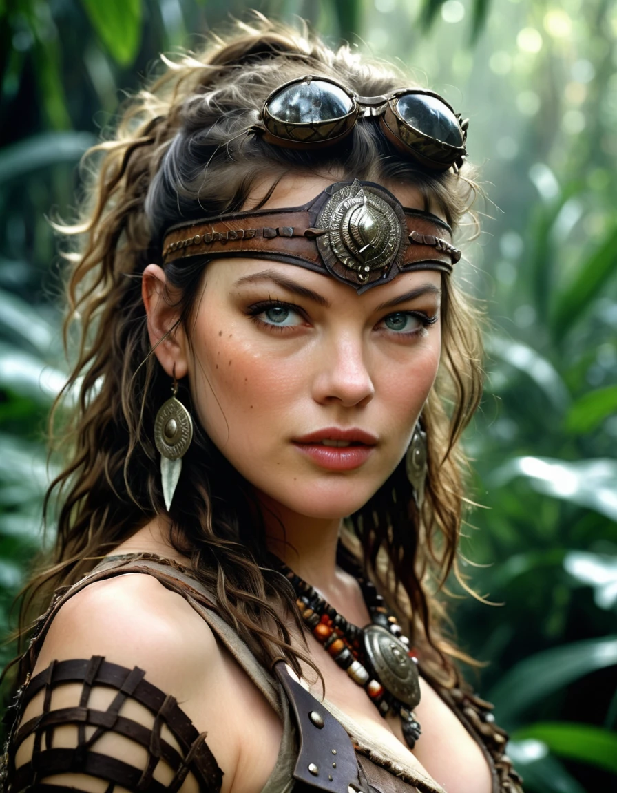(milla jovovich), tribal warrior, masterpiece, Jungle in the background, cowboy shot, dark fantasy, Intricate, Very detailed, by Luis Royo. 1 girl, (HD, 8K Wallpaper, High resolution), cinematic lighting, awarded, extremely detailed skin, Extra detailed face, high detail eyes, photorealistic, Zeiss 85 mm F/1.4, by Ellen von Unwerth