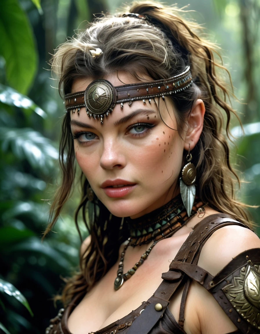 (milla jovovich), tribal warrior, masterpiece, Jungle in the background, cowboy shot, dark fantasy, Intricate, Very detailed, by Luis Royo. 1 girl, (HD, 8K Wallpaper, High resolution), cinematic lighting, awarded, extremely detailed skin, Extra detailed face, high detail eyes, photorealistic, Zeiss 85 mm F/1.4, by Ellen von Unwerth