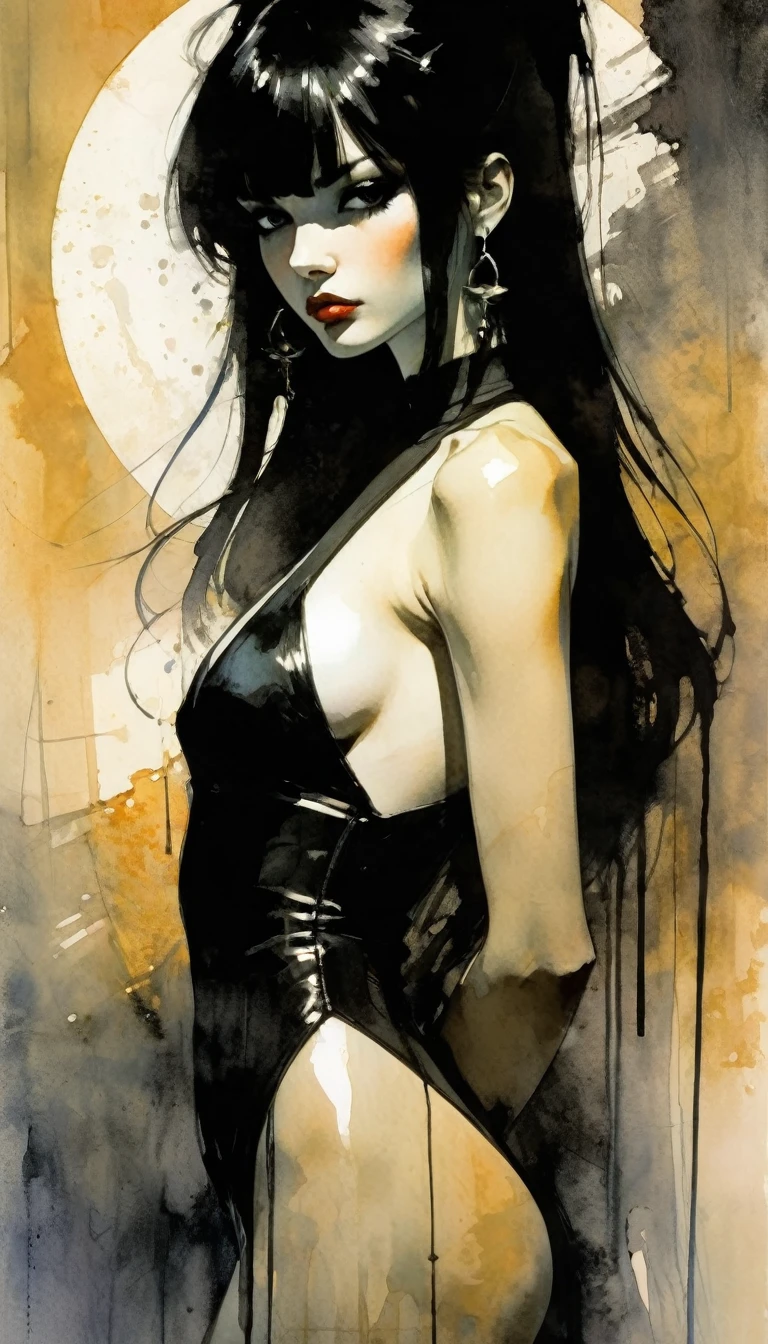 A beautiful illustration of a sexy girl, long black hair and bangs, wearing earrings and dark, anime style, a full body portrait, delicate facial features, light background, ink painting style. , flat color, high definition., (art inspired by Bill Sienkiewicz).eroticism, sexy, black and white image, between shadows, oil painting, chiaroscuro, sensual, dramatic lighting, moody atmosphere, photorealistic, intricate details, masterpiece, ultra-detailed, high quality, 8k, best quality, realistic, cinematic, dark and brooding, expressionistic, powerful composition, emotional impact, Bill Sienkiewicz inspired art