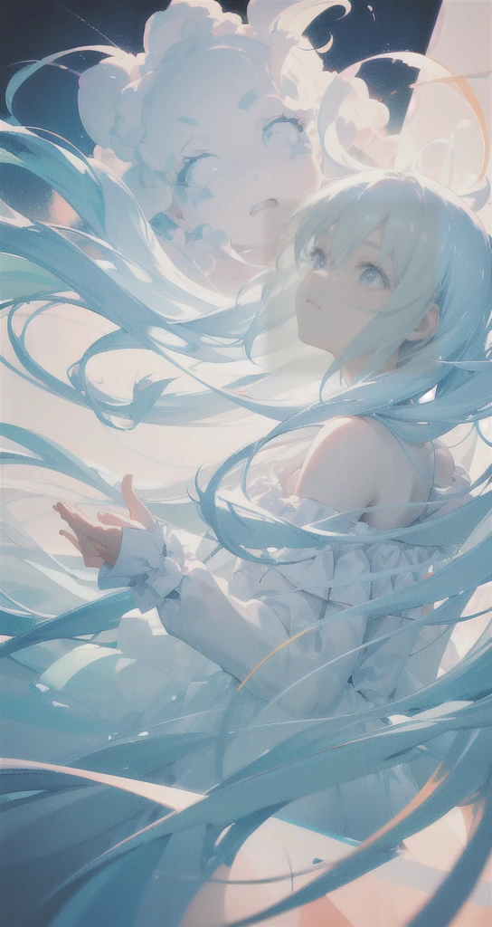 masterpiece, best quality, movie still, 1girl, floating in the sky, cloud girl, cloud, (close-up:1.1), bright, happy, fun, soft lighting,white skin, (Bauhaus, shapes, lines, abstract:1.1)