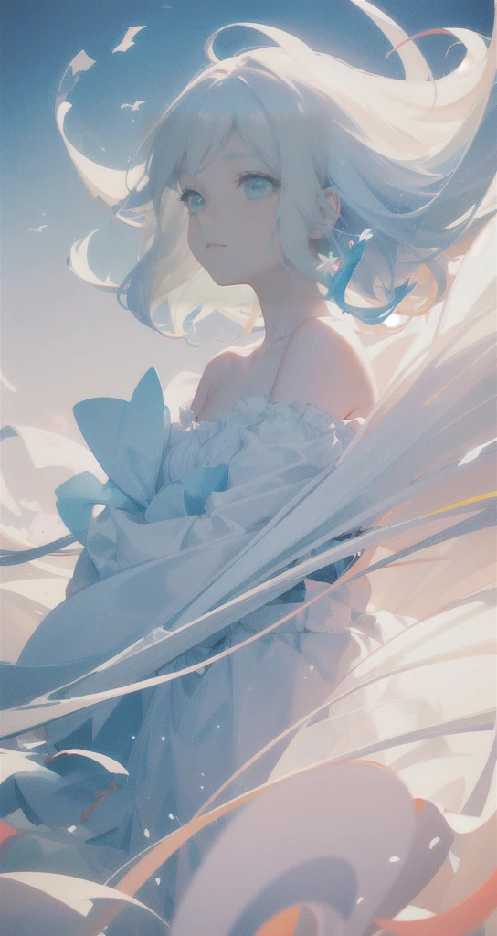 masterpiece, best quality, movie still, 1girl, floating in the sky, cloud girl, cloud, (close-up:1.1), bright, happy, fun, soft lighting,white skin, (Bauhaus, shapes, lines, abstract:1.1)