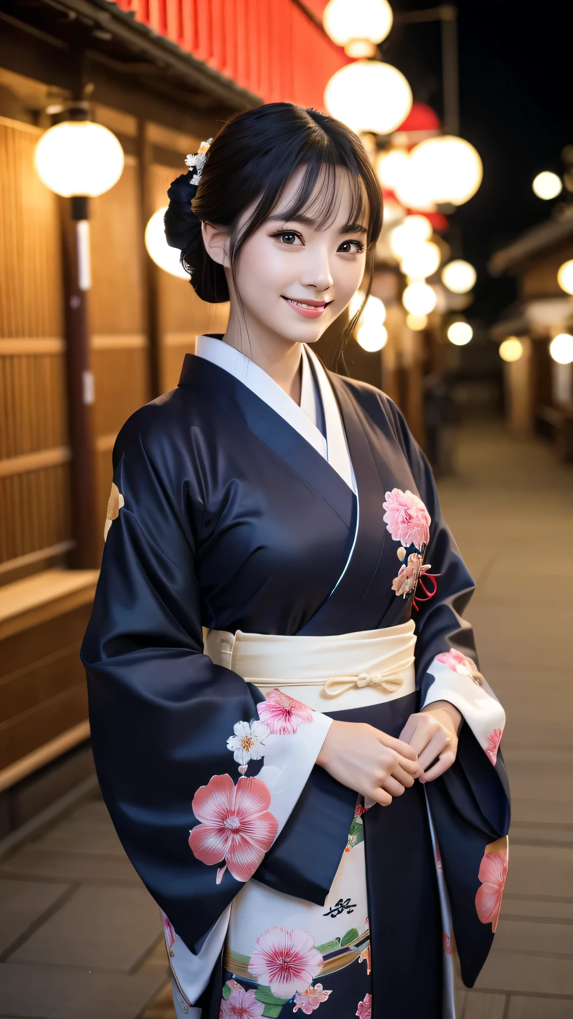 (Super beautiful woman in kimono)、((highest quality、8K masterpiece:1.3))、sharp focus:1.2、(super beautiful face:1.0)、(shiny skin:1.0)、realistic pictures、black hair、video lighting、High resolution eyes and face、video lighting、japanese actress、from the front、with a happy smile、whole body、wearing a kimono、in Kyoto、(luxury obi)、with a fan、Fireworks Display