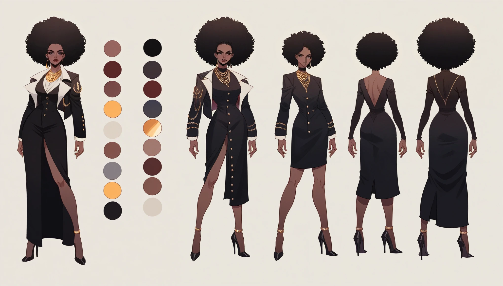 (by Vampire Hunter D), Sade, black woman, model sheet, character turn around, fashion, afro, oversized white suit jacket, high heals, bottomless, beautiful woman, long legs, sexy, coat dress, gold jewelry, elegance