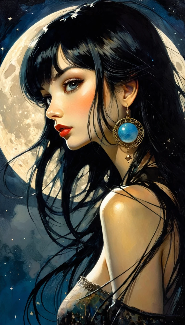 A beautiful illustration of a sexy girl, long black hair and bangs, wearing earrings and dark, anime style, a full body portrait, delicate facial features, magic, fantastic, night sky, moon, stars, background, ink painting style. , flat color, high definition., (art inspired by Bill Sienkiewicz). (best quality,4k,8k,highres,masterpiece:1.2),ultra-detailed,(realistic,photorealistic,photo-realistic:1.37),intricate details,vivid colors,sharp focus,professional,Dave McKean artwork, oil touch of surrealism,oil painting style,portrait,woman,beautiful detailed eyes,beautiful detailed lips,dreamlike atmosphere,shadow play,soft lighting,playful pose,minimalist room,dark hues,ethereal background,fantasy elements,texture,layered composition.