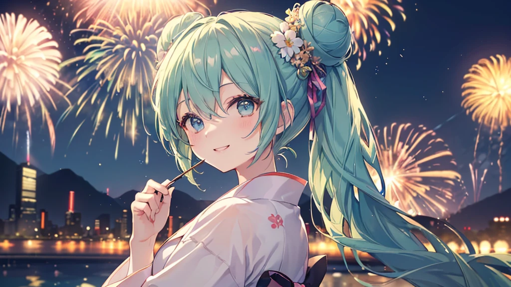 (((Highest quality、masterpiece、Ultra-fine、Ultra-fine、Bun Hair Up,Green Hair,Exquisite、16K、Look up,The best smile,Full HD、Asahi、,Hatsune Miku,))), ((summer,White casual clothes,)))Blue Eyes、Long eyelashes、White skin、(Pale pink lips、Pale pink cheeks、thin and long)、 (((cute,The best smile)), ((One person)) 、(blue sky)) 、 (The sound of the festival, walking in a yukata at dusk, the moment when fireworks bloom in the night sky)、