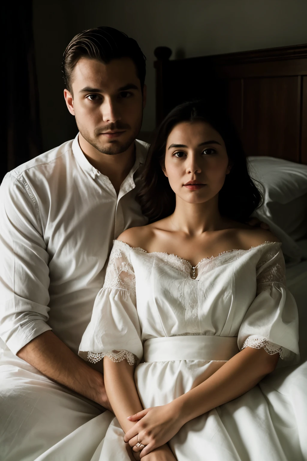 ((best quality)), ((masterpiece)), (detailed), husband and wife, in the bed, ghost next to them, scary theme vibe