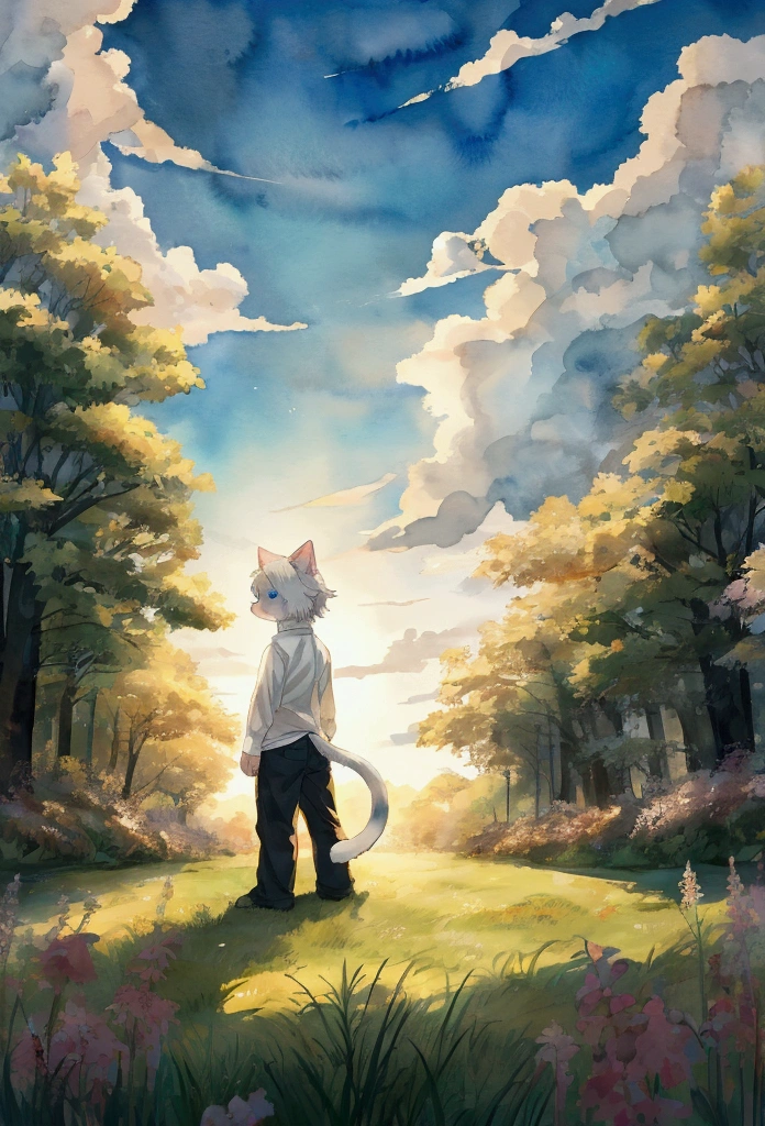 ((kemono)), white fur, white shirt, pants, cat ears, standing, blue eyes, BREAK, watercolor \(artwork\), by Hasui Kawase, detailed background, detailed foreground, depth of field, ambient silhouette, backlighting, blurred background, white background, sky, grass, plant