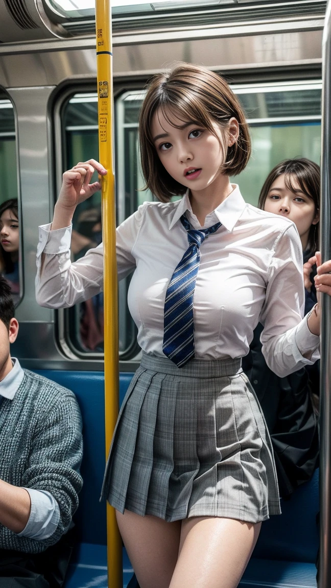 masterpiece, Highest quality, 8k, Young and beautiful girl, 、The clothes are big、photo shoot, Cute Face, Thighs, (((Many men、Crowded train、in the train、Surrounded by men、be impressed、Crazy behavior))) (((Embarrassing)))、Embarrassing、No makeup, 10 generations, Detailed face, Background Blur、Tight waist、((((School uniforms、White shirt、Checked mini skirt、Lift up your skirt、Showing pussy、Show me your pussy)))), short hair、Light brown hair、((痛みに耐えながら自分でLift up your skirtください..))、Bright classroom、Thighs、Spread your legs、short hair、(Droopy eyes、Round face、Lovely)、((Many Hands、Iの全身に触れてください))、(Please be molested by many men、I&#39;I was molested from behind)、genital、Touching the body、rubbed chest、Having your groin touched、Many Handsに