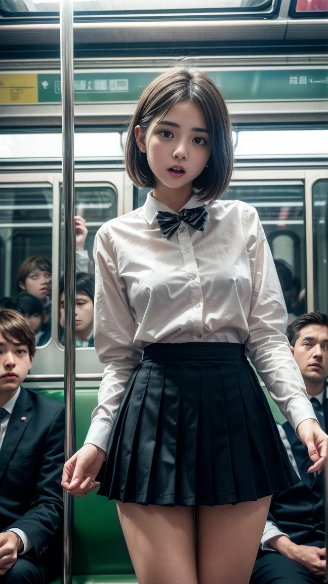 masterpiece, Highest quality, 8k, Young and beautiful girl, 、The clothes are big、photo shoot, Cute Face, Thighs, (((Many men、Crowded train、in the train、Surrounded by men、be impressed、Crazy behavior))) (((Embarrassing)))、Embarrassing、No makeup, 10 generations, Detailed face, Background Blur、Tight waist、((((School uniforms、White shirt、Checked mini skirt、Lift up your skirt、Showing pussy、Show me your pussy)))), short hair、Light brown hair、((痛みに耐えながら自分でLift up your skirtください..))、Bright classroom、Thighs、Spread your legs、short hair、(Droopy eyes、Round face、Lovely)、((Many Hands、Iの全身に触れてください))、(Please be molested by many men、I'I was molested from behind)、genital、Touching the body、rubbed chest、Having your groin touched、Many Handsに