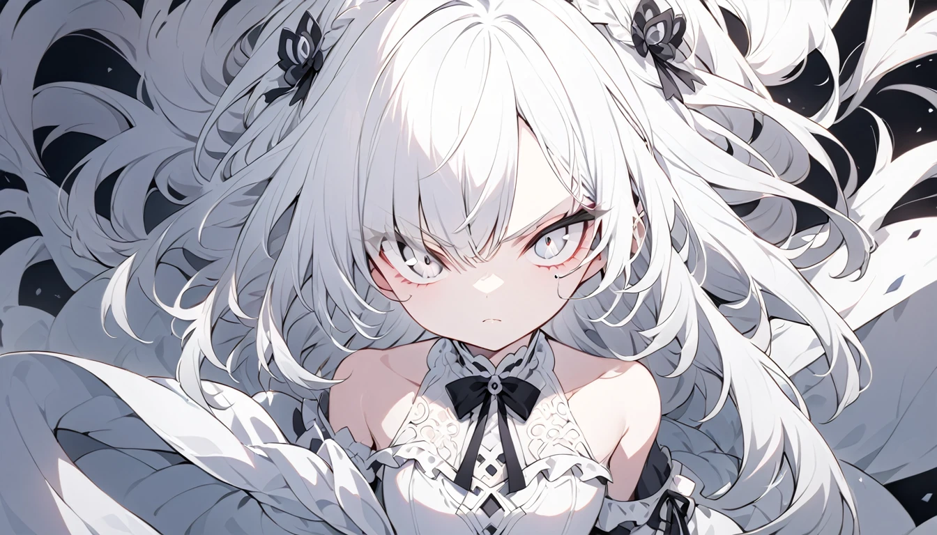 ultra-detalled,Cute ,　Long white hair,　Silver eye, 　Bare shoulder Lolita,White clothes,whole body.Determined face