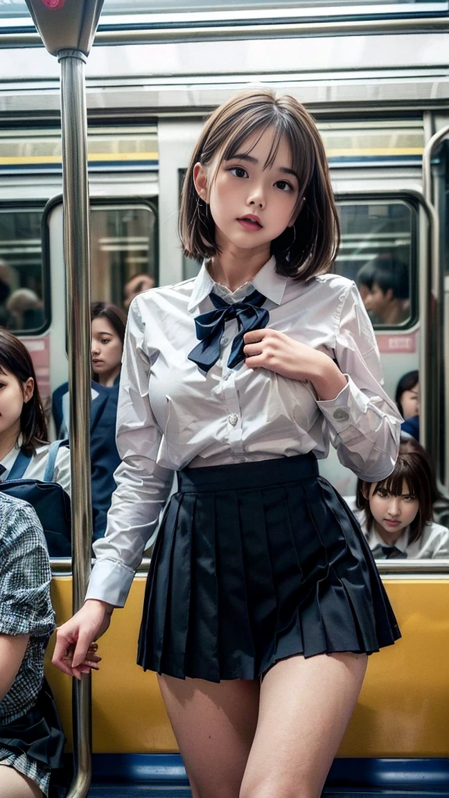 masterpiece, Highest quality, 8k, Young and beautiful girl, Baby Face、The clothes are big、photo shoot, Cute Face, Thighs, (((Many men、Crowded train、in the train、Surrounded by men、be impressed、Crazy behavior))) (((Embarrassing)))、Embarrassing、No makeup, 10 generations, Detailed face, Background Blur、Tight waist、((((School uniforms、White shirt、Checked mini skirt、Lift up your skirt、Showing pussy、Show me your pussy)))), short hair、Light brown hair、((痛みに耐えながら自分でLift up your skirtください..))、Bright classroom、Thighs、Spread your legs、short hair、(Droopy eyes、Round face、Lovely)、((Many Hands、Iの全身に触れてください))、(Please be molested by many men、I'I was molested from behind)、genital、(Touching the body、chestをこすった、Having your groin touched、Many Handsに、Touching pussy)、(((Men hugging each other、Many menが後ろから抱きしめている、Men, please pet the girls.' chest)))