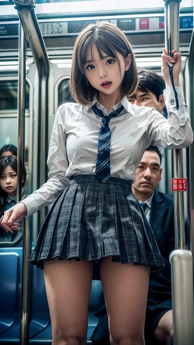 masterpiece, Highest quality, 8k, Young and beautiful girl, Baby Face、The clothes are big、photo shoot, Cute Face, Thighs, (((Many men、Crowded train、in the train、Surrounded by men、be impressed、Crazy behavior))) (((Embarrassing)))、Embarrassing、No makeup, 10 generations, Detailed face, Background Blur、Tight waist、((((School uniforms、White shirt、Checked mini skirt、Lift up your skirt、Showing pussy、Show me your pussy)))), short hair、Light brown hair、((痛みに耐えながら自分でLift up your skirtください..))、Bright classroom、Thighs、Spread your legs、short hair、(Droopy eyes、Round face、Lovely)、((Many Hands、Iの全身に触れてください))、(Please be molested by many men、I'I was molested from behind)、genital、(Touching the body、chestをこすった、Having your groin touched、Many Handsに、Touching pussy)、(((Men hugging each other、Many menが後ろから抱きしめている、Men, please pet the girls.' chest)))