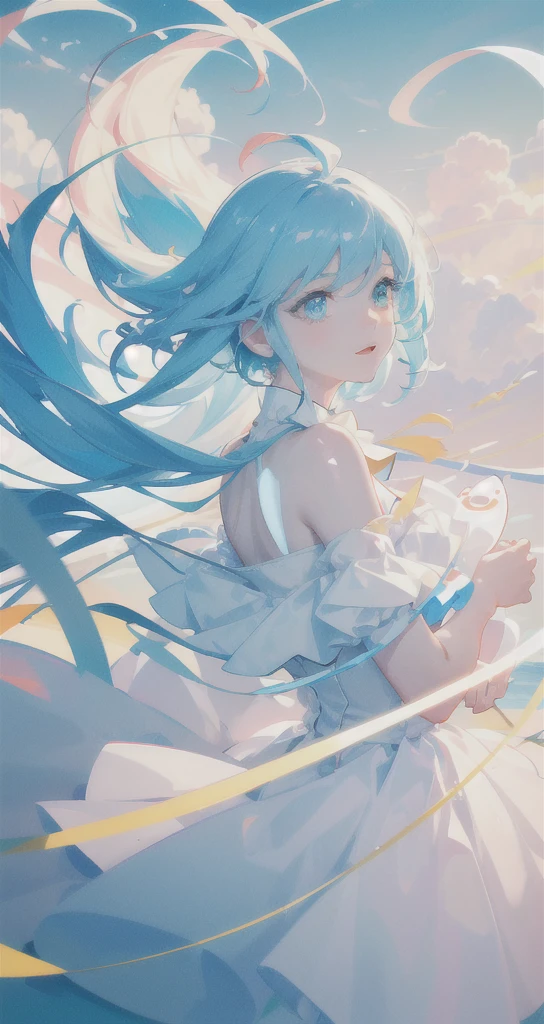 masterpiece, best quality, movie still, 1girl, floating in the sky, cloud girl, cloud, (close-up:1.1), bright, happy, fun, soft lighting,white skin, (Bauhaus, shapes, lines, abstract:1.1)Brightly colored