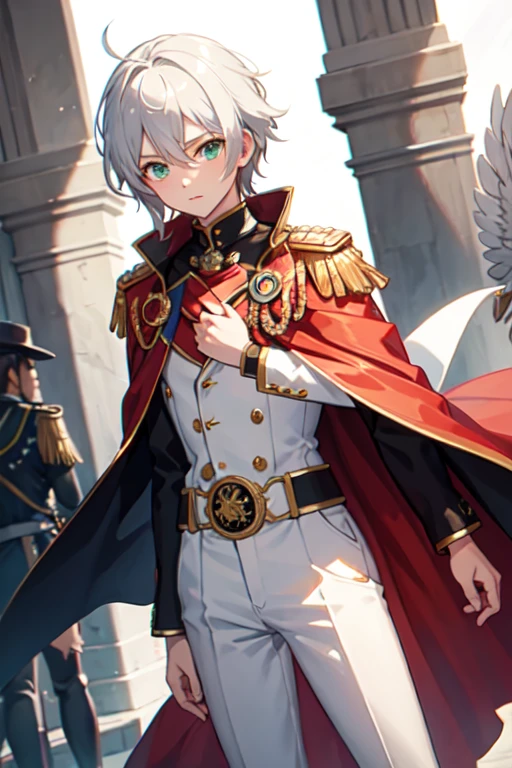 Make a shota who is a superhero, he has a white suit and a red cape, a green bow around his waist and on his left chest an insignia of the coat of arms of Mexico