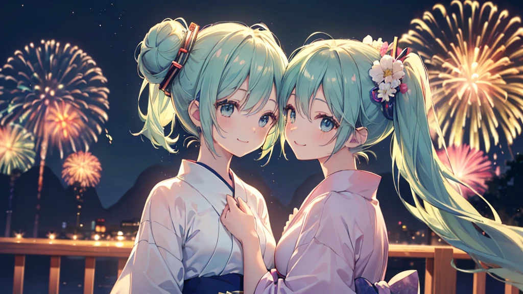 (((Highest quality、masterpiece、Ultra-fine、Ultra-fine、Bun Hair Up,Green Hair,Exquisite、16K、Look up,The best smile,Full HD、profile,,Asahi、,Hatsune Miku,))), ((summer,White casual clothes,)))Blue Eyes、Long eyelashes、White skin、(Pale pink lips、Pale pink cheeks、thin and long)、 (((cute,The best smile)), ((One person)) 、(blue sky)) 、 (The sound of the festival, walking in a yukata at dusk, the moment when fireworks bloom in the night sky)、