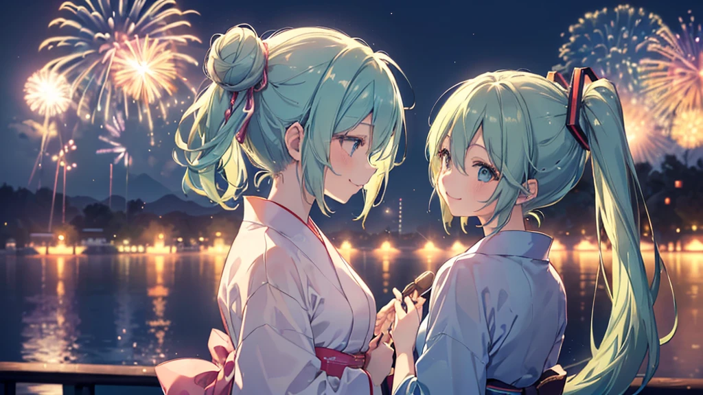 (((Highest quality、masterpiece、Ultra-fine、Ultra-fine、Bun Hair Up,Green Hair,Exquisite、16K、Look up,The best smile,Full HD、profile,,Asahi、,Hatsune Miku,))), ((summer,White casual clothes,)))Blue Eyes、Long eyelashes、White skin、(Pale pink lips、Pale pink cheeks、thin and long)、 (((cute,The best smile)), ((One person)) 、(blue sky)) 、 (The sound of the festival, walking in a yukata at dusk, the moment when fireworks bloom in the night sky)、