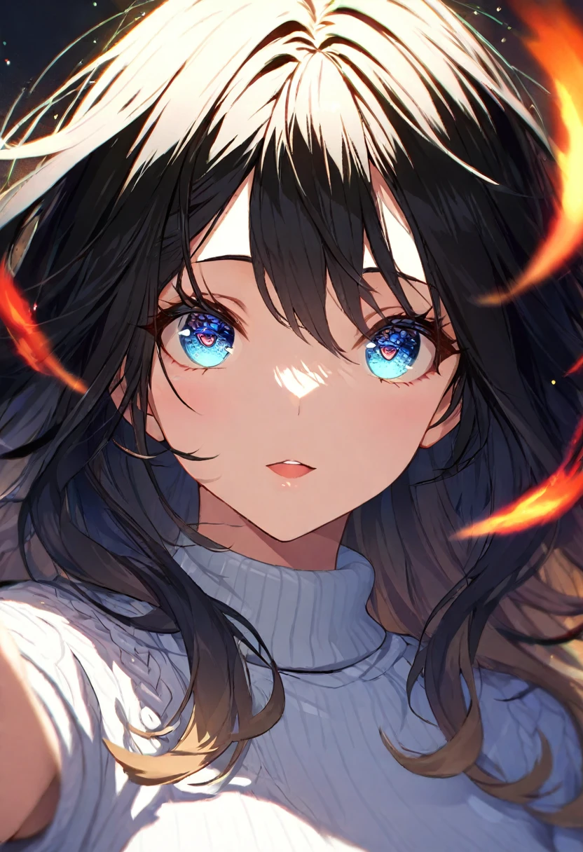 crop top, (gradient hair), black hair, red flame hair, long hair, gold eyes, yelendef BREAK (comfortable white sweater:1.2), BREAK The upper part of the body，（big laughter：1.1），（with her mouth open：1.1），（opens his eyes wide：1.2），strong lights，Background bokeh，depth of fields，blur backgroun，light particules，strong winds， （heart particles：1.1）, BREAK (masterpiece:1.2), best quality, high resolution, unity 8k wallpaper, (illustration:0.8), (beautiful detailed eyes:1.6), extremely detailed face, perfect lighting, extremely detailed CG, (perfect hands, perfect anatomy), (wait shot)