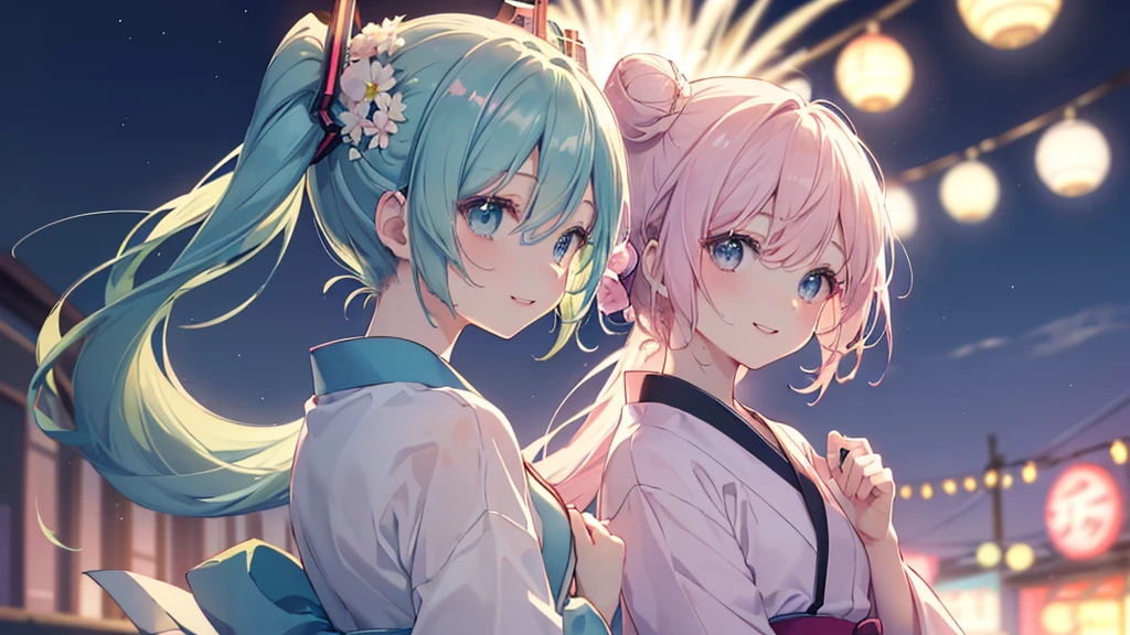 (((Highest quality、masterpiece、Ultra-fine、Ultra-fine、Bun Hair Up,Green Hair,Exquisite、16K、Look up,The best smile,Full HD、profile,,Asahi、,Hatsune Miku,))), ((profile,,summer,White casual clothes,)))Blue Eyes、Long eyelashes、White skin、(Pale pink lips、Pale pink cheeks、thin and long)、 (((cute,The best smile)), ((One person)) 、(blue sky)) 、 (The sound of the festival, walking in a yukata at dusk, the moment when fireworks bloom in the night sky)、