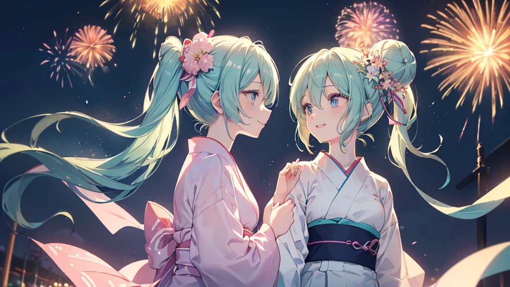 (((Highest quality、masterpiece、Ultra-fine、Ultra-fine、Bun Hair Up,Green Hair,Exquisite、16K、Look up,The best smile,Full HD、profile,,Asahi、,Hatsune Miku,))), ((profile,,summer,White casual clothes,)))Blue Eyes、Long eyelashes、White skin、(Pale pink lips、Pale pink cheeks、thin and long)、 (((cute,The best smile)), ((One person)) 、(blue sky)) 、 (The sound of the festival, walking in a yukata at dusk, the moment when fireworks bloom in the night sky)、