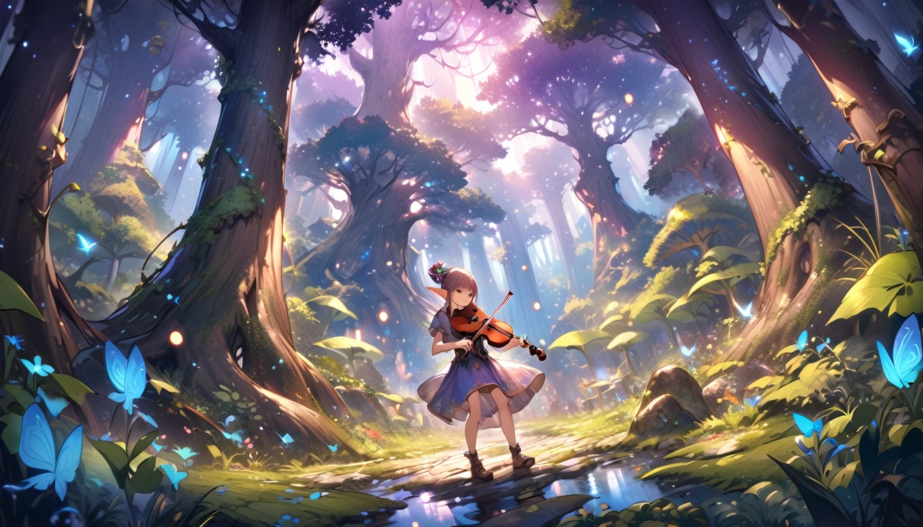 Cute elf girl, playing fiddle, mystical forest, giant ancient trees, ethereal atmosphere, soft magical light, enchanted woods, intricate details, whimsical, fantasy setting, highly detailed, digital painting, vibrant colors, serene mood