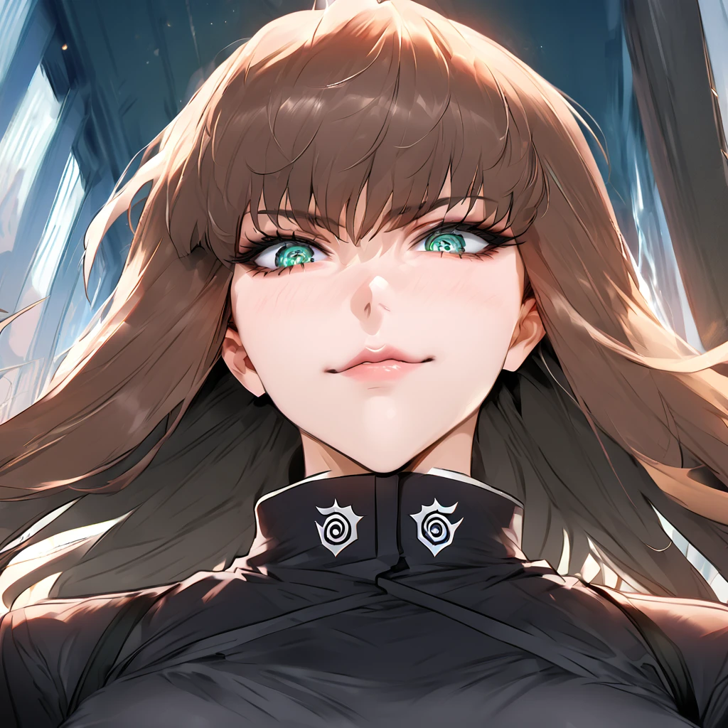 ultra detallado, high resolution, vista desde abajo , looking down jujutsu kaisen style 18 year old girl , hermosa , medium long brown hair , ojos gris oscuro , con uniforme de jujutsu Tech , tatuajes , sonrisa malvada