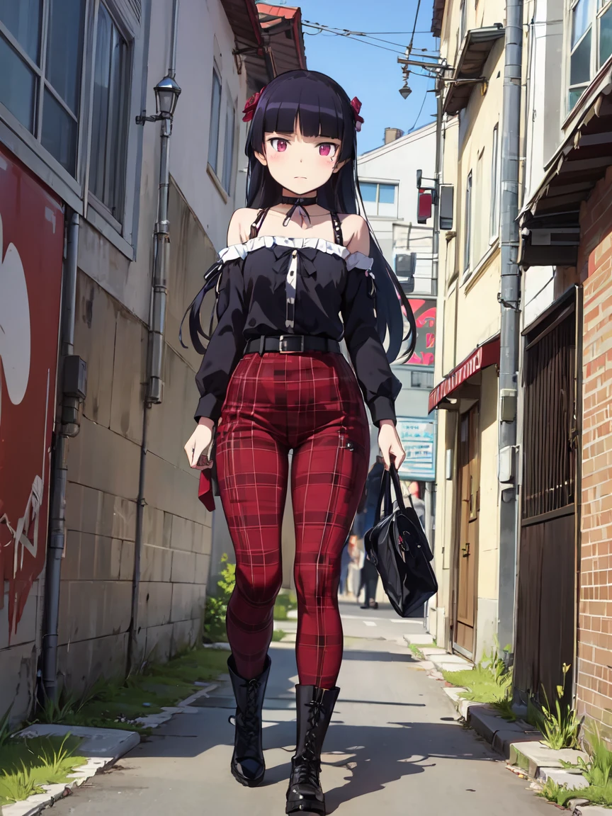 ((ruri gokou)), girl, alone, Hime cut, Black Hair, Mole under eye, long hair, Red eyes, punk, Punk Fashion, Black tops, spiked choker, Red tartan bondage pants, Studded belt,Dr Martens Boots, Heavy eyeliner makeup, masterpiece, Urban Scene、Background of the cityscape、Graffiti wall