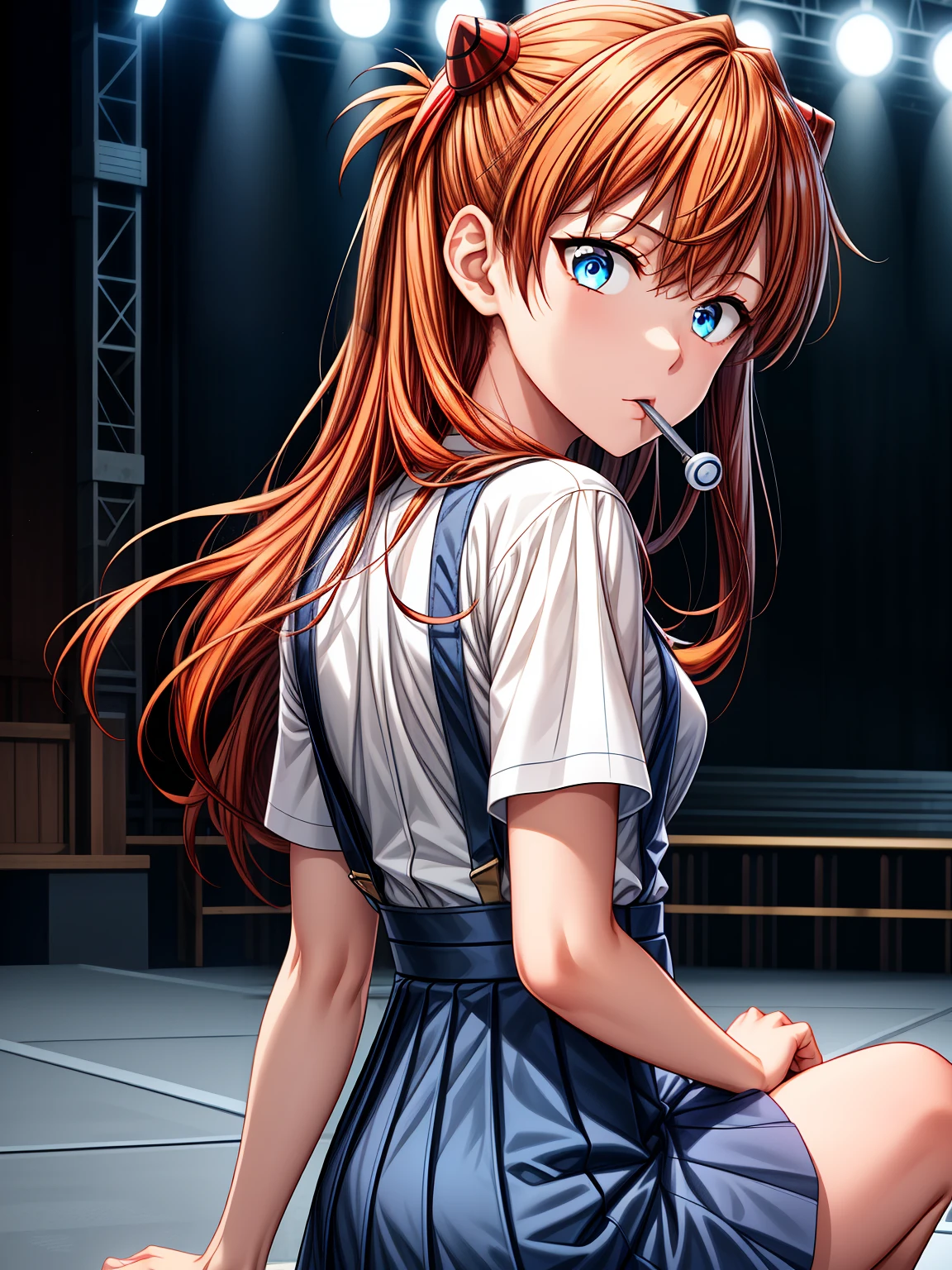 (masterpiece, Highest quality:1.2), (tsurime:1.2),
(Face Focus, Face close-up, Face close-up:1.2), tsurime, 1 girl, Soryu Asuka Langley, alone, blue eyes, , Looking at the audience, Long Hair, Looking Back, Tokyo Third Junior High School , Orange Hair, white shirt, From behind, shirt, Short sleeve, Mouth closed, bangs, Both sides up, stage, legs protruding from the frame, White socks, Suspender skirt, Blue Skirt, blue dress, Outdoor, dress, hair ornaments, (Perfect hands, Perfect Anatomy),