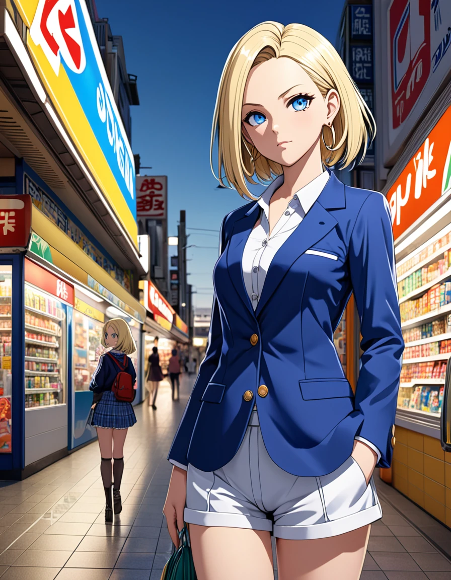 Android 18, Android 18, Blonde, blue eyes, eyelash, hoop Earrings, short hair, Earrings, high school girl、Gal、blazer、Check skirt、Bloomers、 convenience store、City, looking at viewer, (Cowboy Shot:1.5), break (masterpiece:1.2), Highest quality, High resolution, unity 8k wallpaper, (shape:0.8), (Beautiful and beautiful eyes:1.6), Highly detailed face, Perfect lighting, Highly detailed CG, (Perfect hands, Perfect Anatomy)