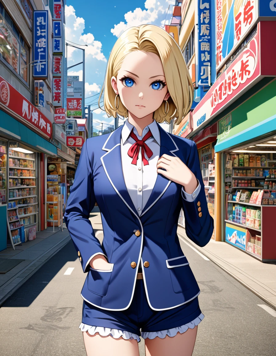 Android 18, Android 18, Blonde, blue eyes, eyelash, hoop Earrings, short hair, Earrings, high school girl、Gal、blazer、Check skirt、Bloomers、 convenience store、City, looking at viewer, (Cowboy Shot:1.5), break (masterpiece:1.2), Highest quality, High resolution, unity 8k wallpaper, (shape:0.8), (Beautiful and beautiful eyes:1.6), Highly detailed face, Perfect lighting, Highly detailed CG, (Perfect hands, Perfect Anatomy)