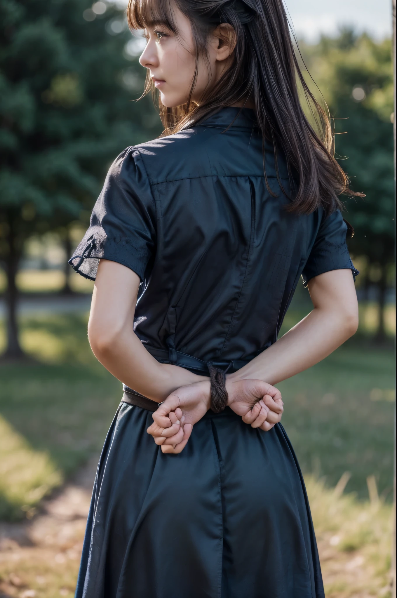 The woman has her hands tied、((Put your hands behind your back))、((Place your hands together and cross them behind your back))、(((Her wrists are tied with rope)))、shibari、Beauty、２０age、university student、(anatomicaly, Has two arms and two hands)、Standing on a hill at night、There are a lot of trees、Beautiful night sky、There are many stars、A strong wind is blowing、Wearing a short-sleeved blouse、Wear a long skirt、Uniform eyes、Proportioned proportionedium build、Small breasts、Small face、(I can see from head to heel), Black Hair, bangs, swept bangs, Straight hair, Nervous, Messy Hair, Floating hair, Cinema Lighting, tachi-e, First-person view, throw, From behind, F/1.2, Nikon, Cowboy Shot, Surrealism, 超High resolution, Highest quality, High resolution, 8k, Textured skin, anatomicaly正しい体,
