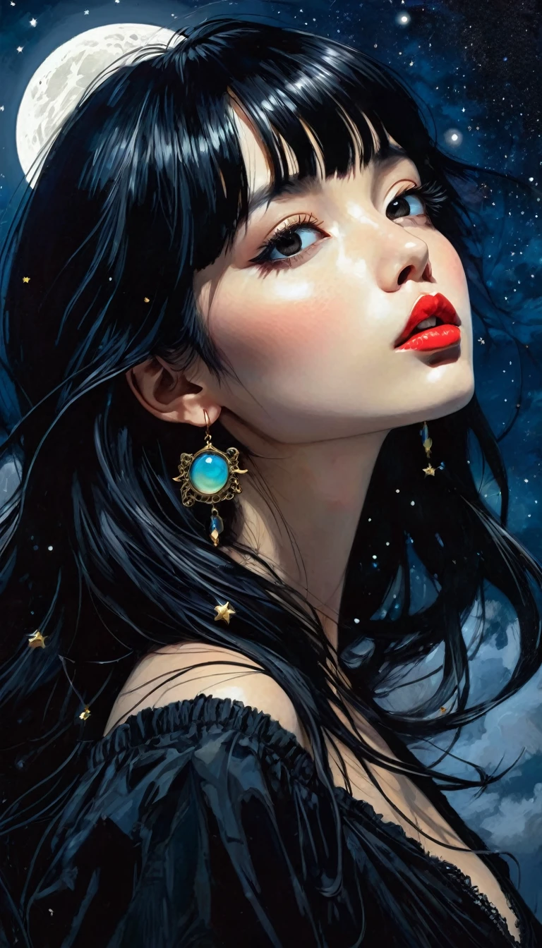 A beautiful illustration of a sexy girl, long black hair and bangs, wearing earrings and dark, anime style, a full body portrait, delicate facial features, magic, fantastic, night sky, moon, stars, background, ink painting style. , flat color, high definition., (art inspired by Bill Sienkiewicz). (best quality,4k,8k,highres,masterpiece:1.2),ultra-detailed,(realistic,photorealistic,photo-realistic:1.37),intricate details,vivid colors,sharp focus,professional,Dave McKean artwork, oil touch of surrealism,oil painting style,portrait,woman,beautiful detailed eyes,beautiful detailed lips,dreamlike atmosphere,shadow play,soft lighting,playful pose,minimalist room,dark hues,ethereal background,fantasy elements,texture,layered composition.
