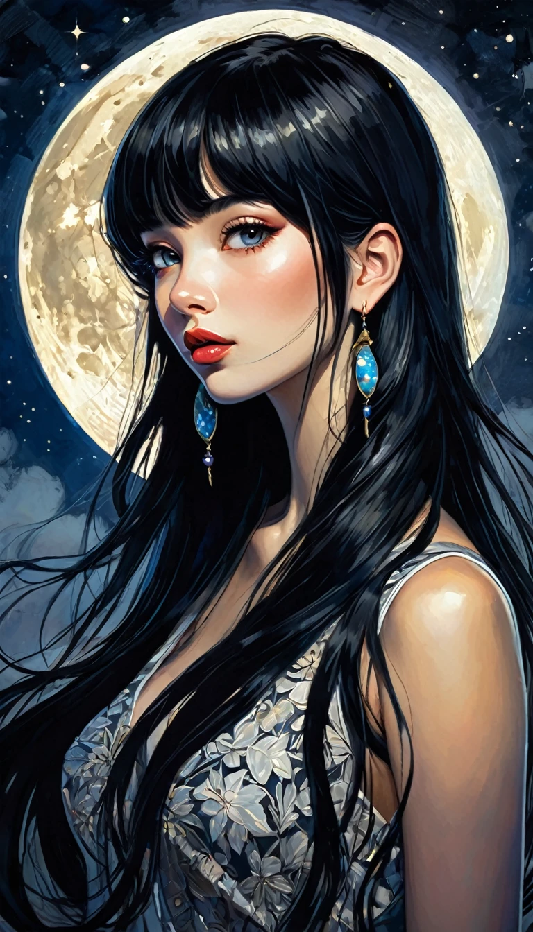A beautiful illustration of a sexy girl, long black hair and bangs, wearing earrings and dark, anime style, a full body portrait, delicate facial features, magic, fantastic, night sky, moon, stars, background, ink painting style. , flat color, high definition., (art inspired by Bill Sienkiewicz). (best quality,4k,8k,highres,masterpiece:1.2),ultra-detailed,(realistic,photorealistic,photo-realistic:1.37),intricate details,vivid colors,sharp focus,professional,Dave McKean artwork, oil touch of surrealism,oil painting style,portrait,woman,beautiful detailed eyes,beautiful detailed lips,dreamlike atmosphere,shadow play,soft lighting,playful pose,minimalist room,dark hues,ethereal background,fantasy elements,texture,layered composition.
