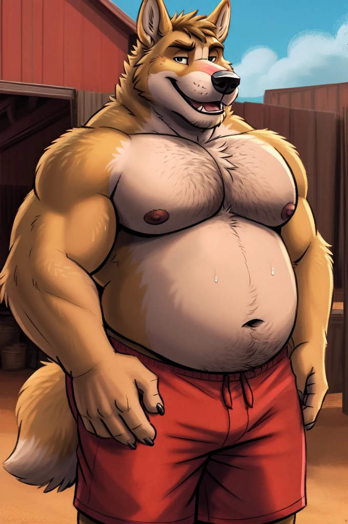 highest res, dingo, anthro, 4 fingers, male in early 40's, chubby, chubby anthro, chubby male, tail, standing outside in most realistic detailed accurate backyard of most realistic detailed accurate single story rural australian country house in australian outback, most realistic detailed accurate blurred background, by dramamine, by nanoff, by minedoo, by dream_and_nightmare, by horrorbuns, short detailed multi tone dingo fur, full body view, most realistic most detailed dingo fur pattern colors and markings, very calm relaxed most tough and manly face, smiling, smiling at viewer, most calm most tough and manly cool serious pose, frontal view, front facing view, australian, bogan, scruffy, average height most fat and chubby most sexy stocky muscular body, dad bod, daddy, dilf, open mouth, showing teeth, most detailed medium sized nipples nipple tips and areolas, open eyes, detailed dark pupils, summer, nude male, best quality, masterpiece, perked up ears, no body hair, facing viewer, without text, outdoors, closeup, most detailed huge pecs and moobs, most detailed medium sized belly, belly overhang, most tough and manly, bottomwear, wearing most detailed very old worn out most tough and manly plain shorts, most realistic perfect body proportions, perfect anatomy, most detailed dingo teeth, most detailed deep navel, most detailed very short dingo hair, most short most tough and manly mature hairstyle, sweaty fur, an14, best ergonomics, e621,