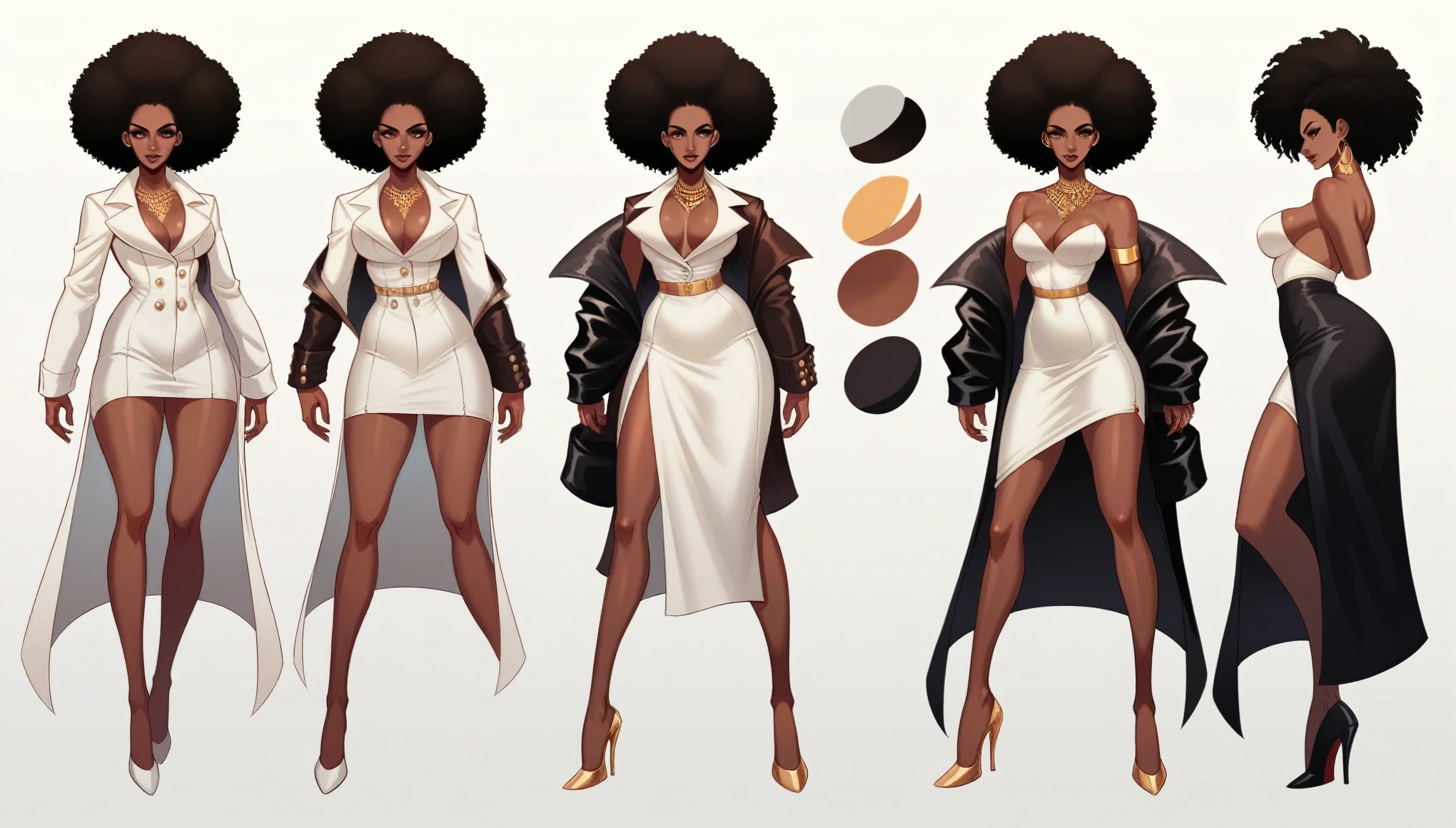 (by Vampire Hunter D), Sade, black woman, model sheet, character turn around, fashion, afro, white suit jacket, high heals, bottomless, beautiful woman, long legs, sexy, little white dress, coat dress, gold jewelry, elegance