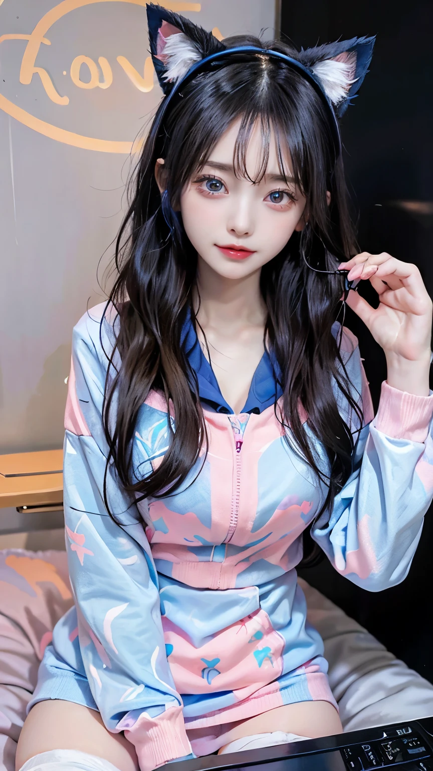 /imagine a beautiful anime girl live streaming from her room, with long black hair, big blue eyes, wearing a pink hoodie and a cute headset with cat ears, sitting in front of a modern computer setup with colorful LED lights, surrounded by plushies and posters on the wall, smiling and engaging with her audience, bright and cheerful atmosphere Hide your skin