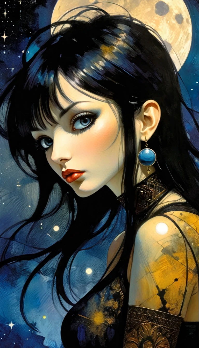 A beautiful illustration of a sexy girl, long black hair and bangs, wearing earrings and dark, anime style, a full body portrait, delicate facial features, magic, fantastic, night sky, moon, stars, background, ink painting style. , flat color, high definition., (art inspired by Bill Sienkiewicz). (best quality,4k,8k,highres,masterpiece:1.2),ultra-detailed,(realistic,photorealistic,photo-realistic:1.37),intricate details,vivid colors,sharp focus,professional,Dave McKean artwork, oil touch of surrealism,oil painting style,portrait,woman,beautiful detailed eyes,beautiful detailed lips,dreamlike atmosphere,shadow play,soft lighting,playful pose,minimalist room,dark hues,ethereal background,fantasy elements,texture,layered composition.
