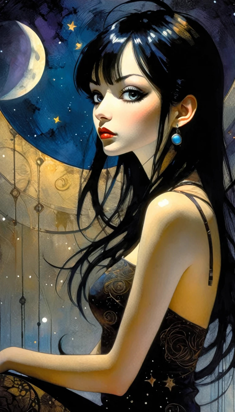 A beautiful illustration of a sexy girl, long black hair and bangs, wearing earrings and dark, anime style, a full body portrait, delicate facial features, magic, fantastic, night sky, moon, stars, background, ink painting style. , flat color, high definition., (art inspired by Bill Sienkiewicz). (best quality,4k,8k,highres,masterpiece:1.2),ultra-detailed,(realistic,photorealistic,photo-realistic:1.37),intricate details,vivid colors,sharp focus,professional,Dave McKean artwork, oil touch of surrealism,oil painting style,portrait,woman,beautiful detailed eyes,beautiful detailed lips,dreamlike atmosphere,shadow play,soft lighting,playful pose,minimalist room,dark hues,ethereal background,fantasy elements,texture,layered composition.
