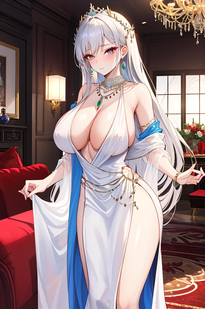 A woman with big ，Beauty，female pervert，White long hair，Gemstone Necklace，Jeweled Evening Dress，weak，Sexy，Color，Show the chest，((estrus))，banquet，gorgeous，living room，