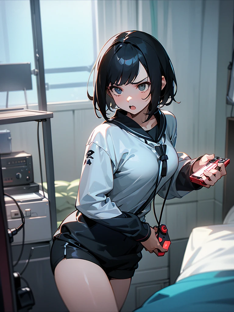 {best quality}、Monotone My Room、Short black hair、Female college student、Beautiful breasts、Holding a game controller and playing a video game、openmouth、Serious face、Women&#39;s pajamas、cowboy shot、Low angle、looking away from the camera