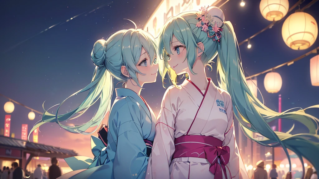 (((Highest quality、masterpiece、Ultra-fine、Ultra-fine、Bun Hair Up,Green Hair,Exquisite、16K、Look up,The best smile,Full HD、profile,,Asahi、,Hatsune Miku,))),( ((profile,,summer,White casual clothes,)))Blue Eyes、Long eyelashes、White skin、(Pale pink lips、Pale pink cheeks、thin and long)、 (((cute,The best smile)), ((One person)) 、(blue sky)) 、 (The sound of the festival, walking in a yukata at dusk, the moment when fireworks bloom in the night sky)、