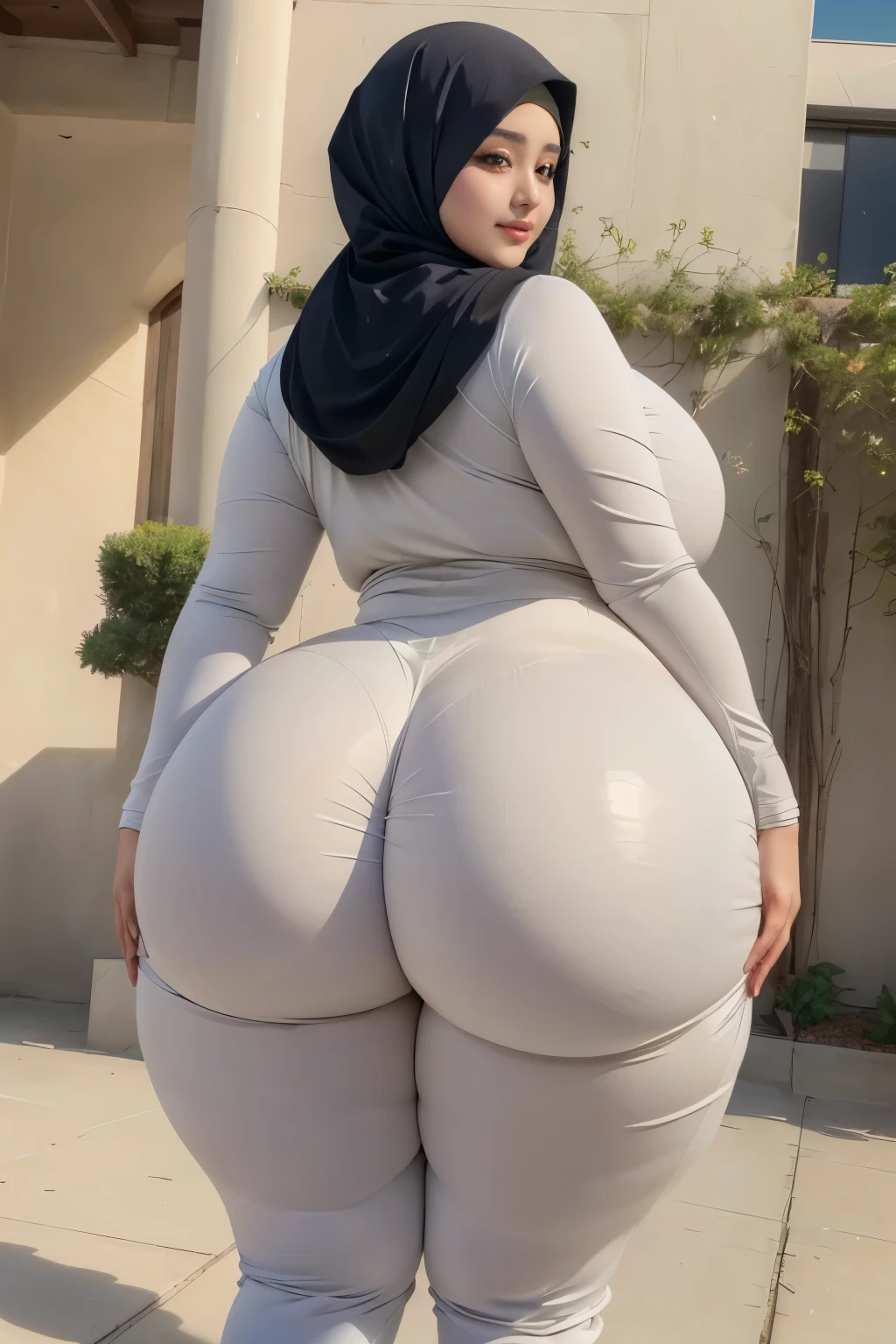 a close up of a woman in a hijab posing for a picture, thick thigs, thicc, insanely inflated hips, big booty, thick, wide hips, pawg, beautiful thick female, thick body, powerful and huge, varying thickness, widest hips, many smooth curves, she has a jiggly fat round belly